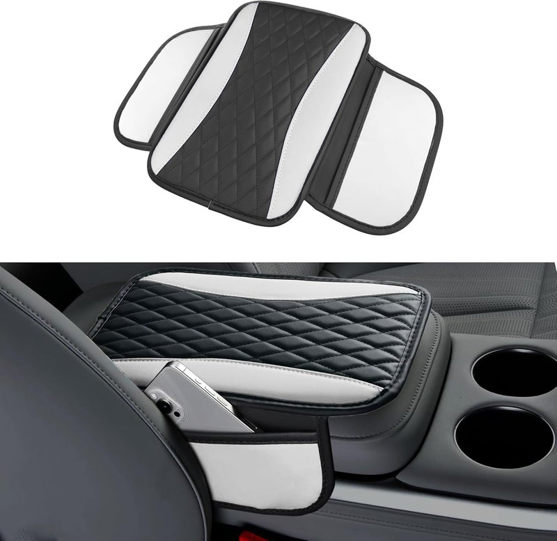 Tioollev Patchwork Leather Car Center Console Cover,Microfiber Leather Vehicle Armrest Protector Cushion with 2 Storage Bags,Universal Cars Armrest Cushion for SUV, Sedan, Truck (White) - Image 1